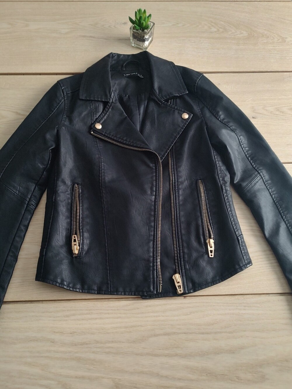 Black Faux Leather Moto Jacket with Gold Hardware